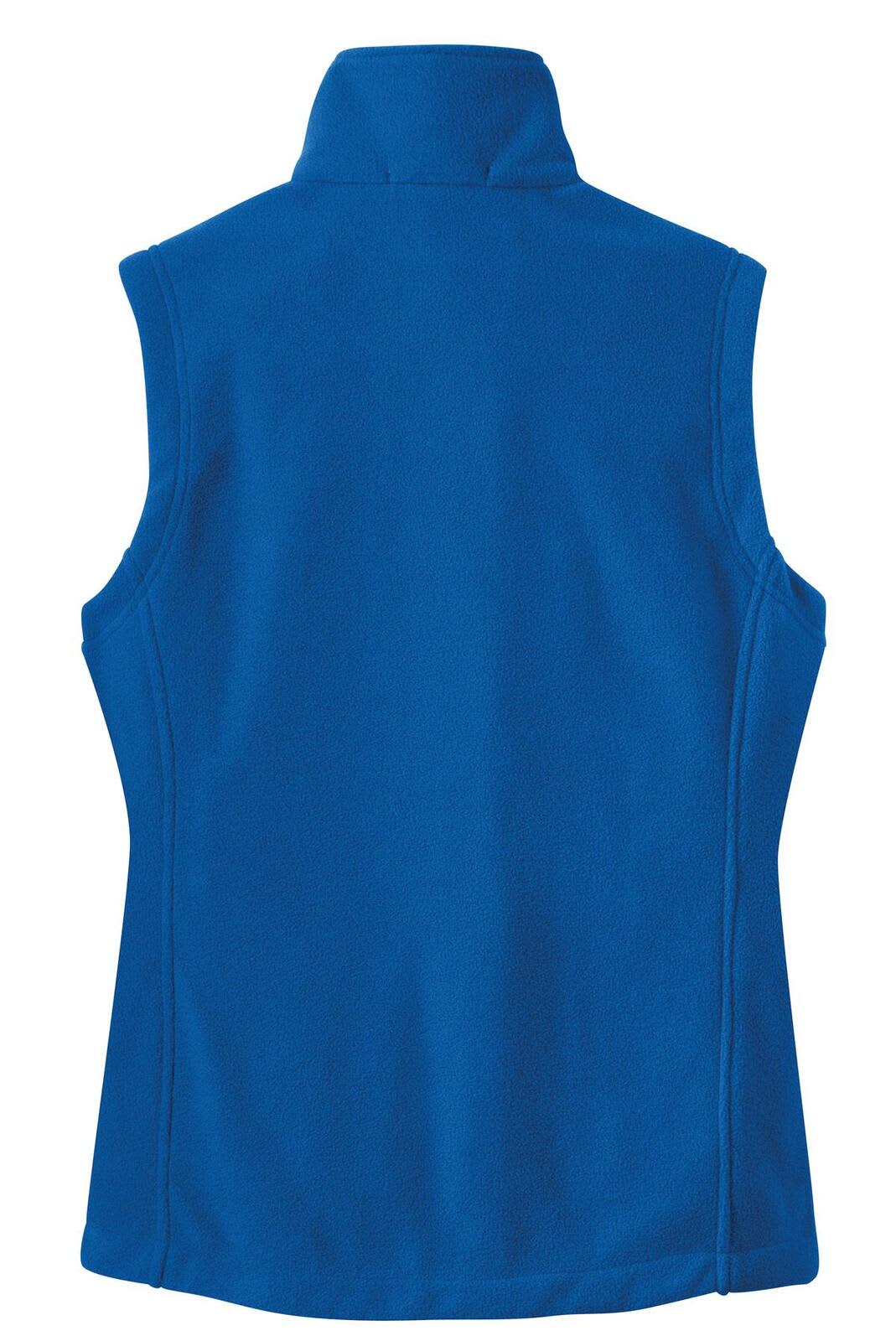 A blue fleece vest with a high collar and no sleeves, featuring a logo.