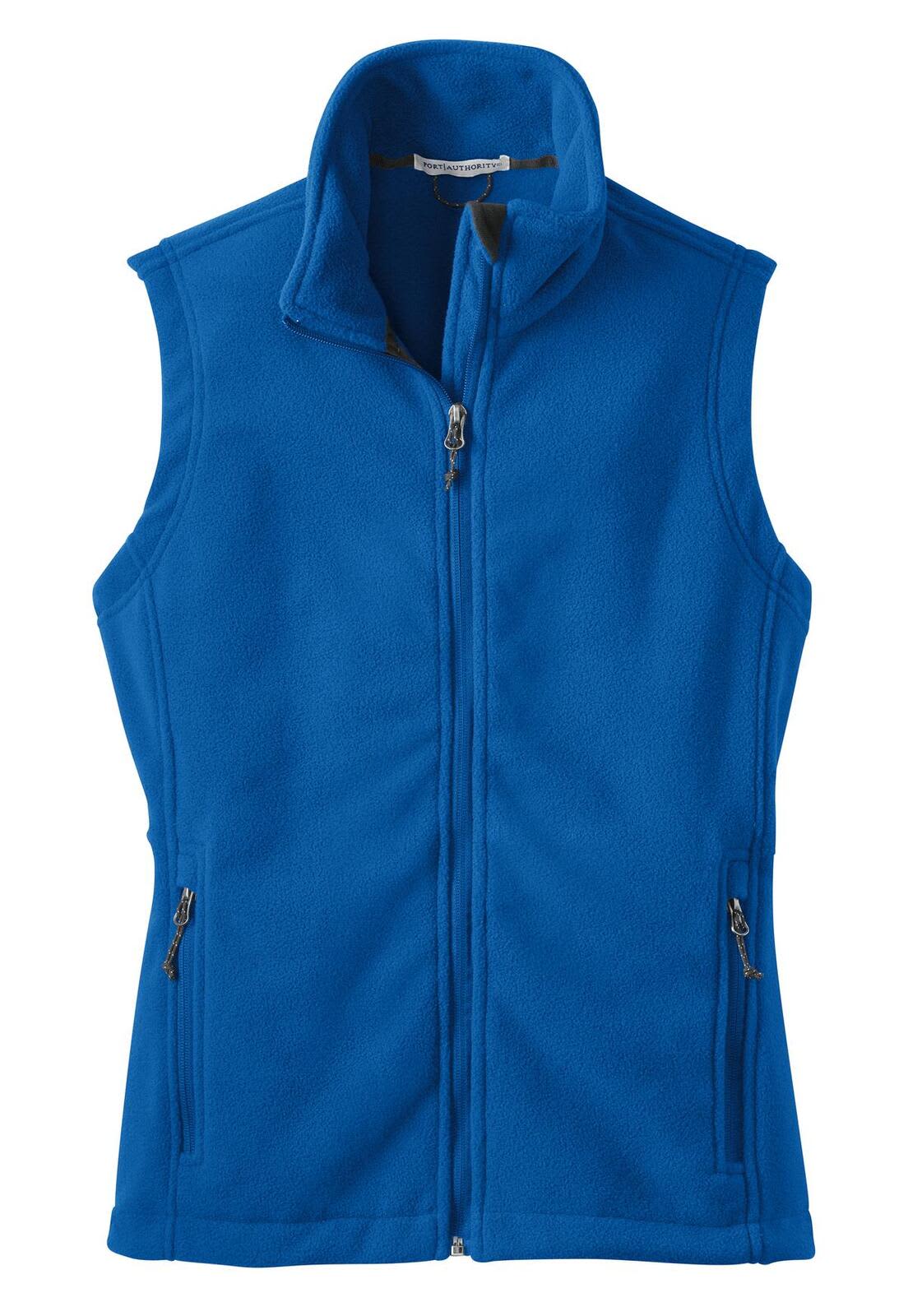 A blue fleece vest with a zip front and two side pockets, featuring a collar and a logo.