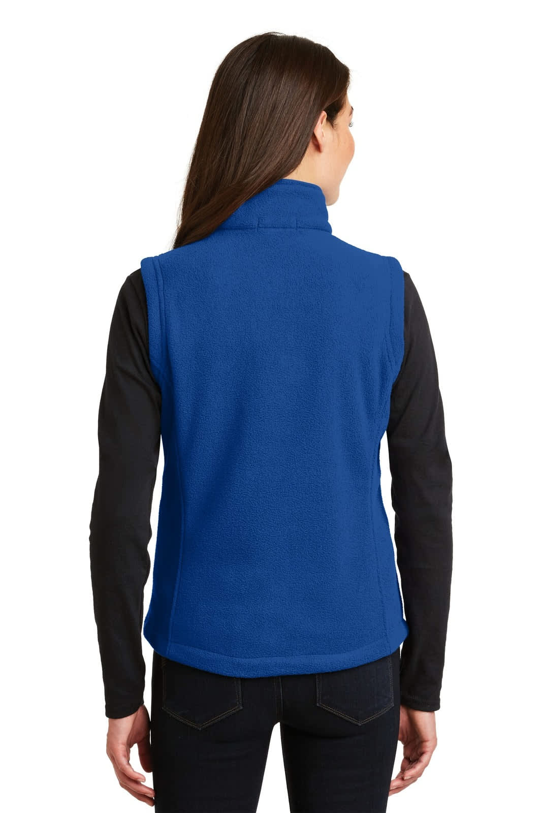 A blue fleece vest featuring a high collar and a branding logo on the back.