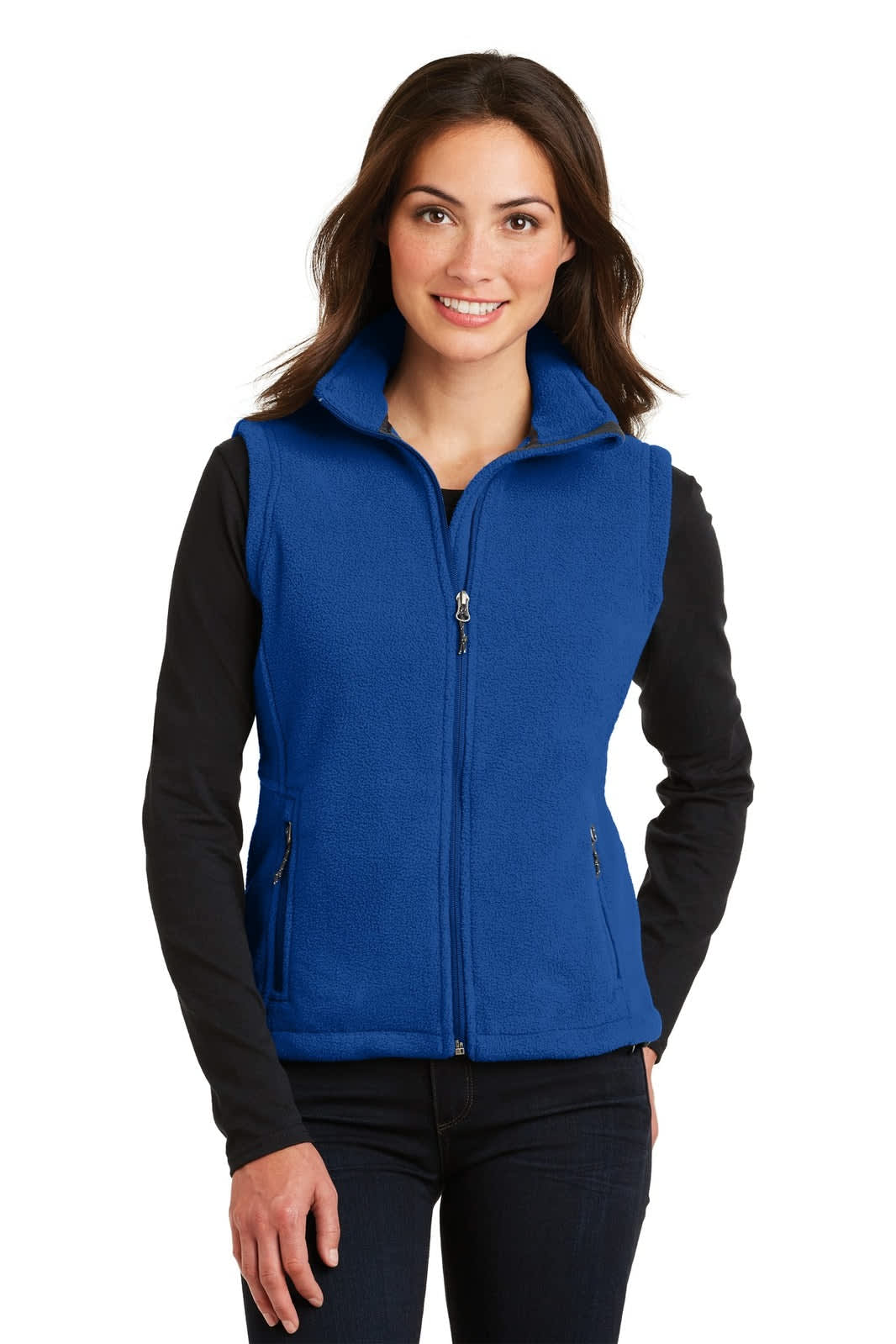 A blue fleece vest with a zip front and high collar, modeled by a woman wearing a black long-sleeve top.