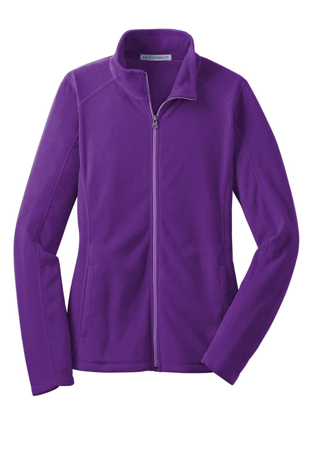 A purple microfleece jacket featuring a zip front and a logo on the chest. Ideal for layering in cooler weather.