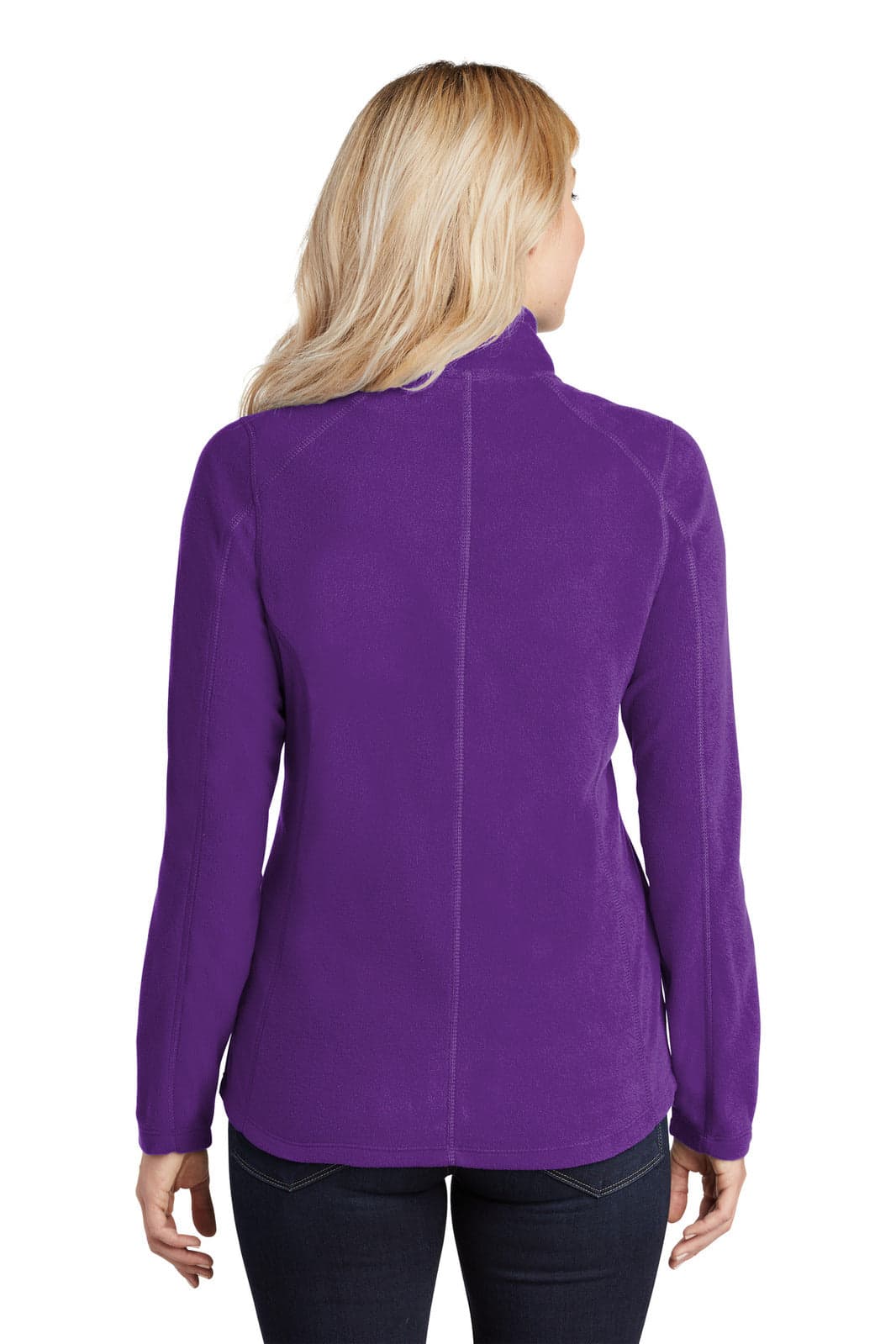 A purple microfleece jacket featuring a zip-up design and a high collar. The back view shows long sleeves and a snug fit.