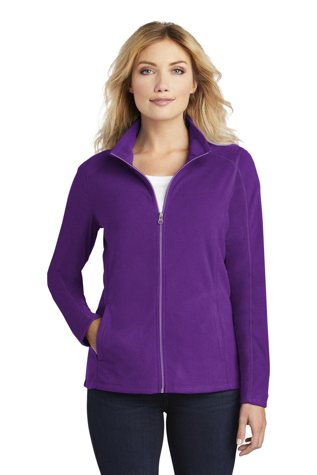 A purple women's microfleece jacket with a zip front and pockets, featuring a logo on the chest.