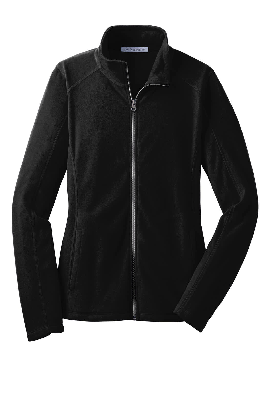 A black microfleece jacket with a zip front and long sleeves, featuring a minor logo on the design.