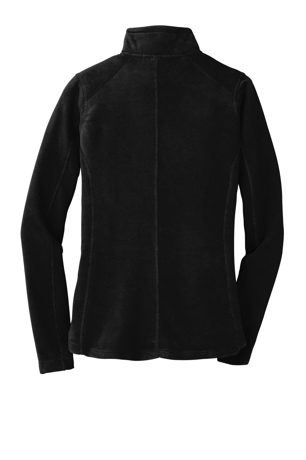 A black microfleece jacket featuring a high collar and a fitted design, with a subtle logo on it.