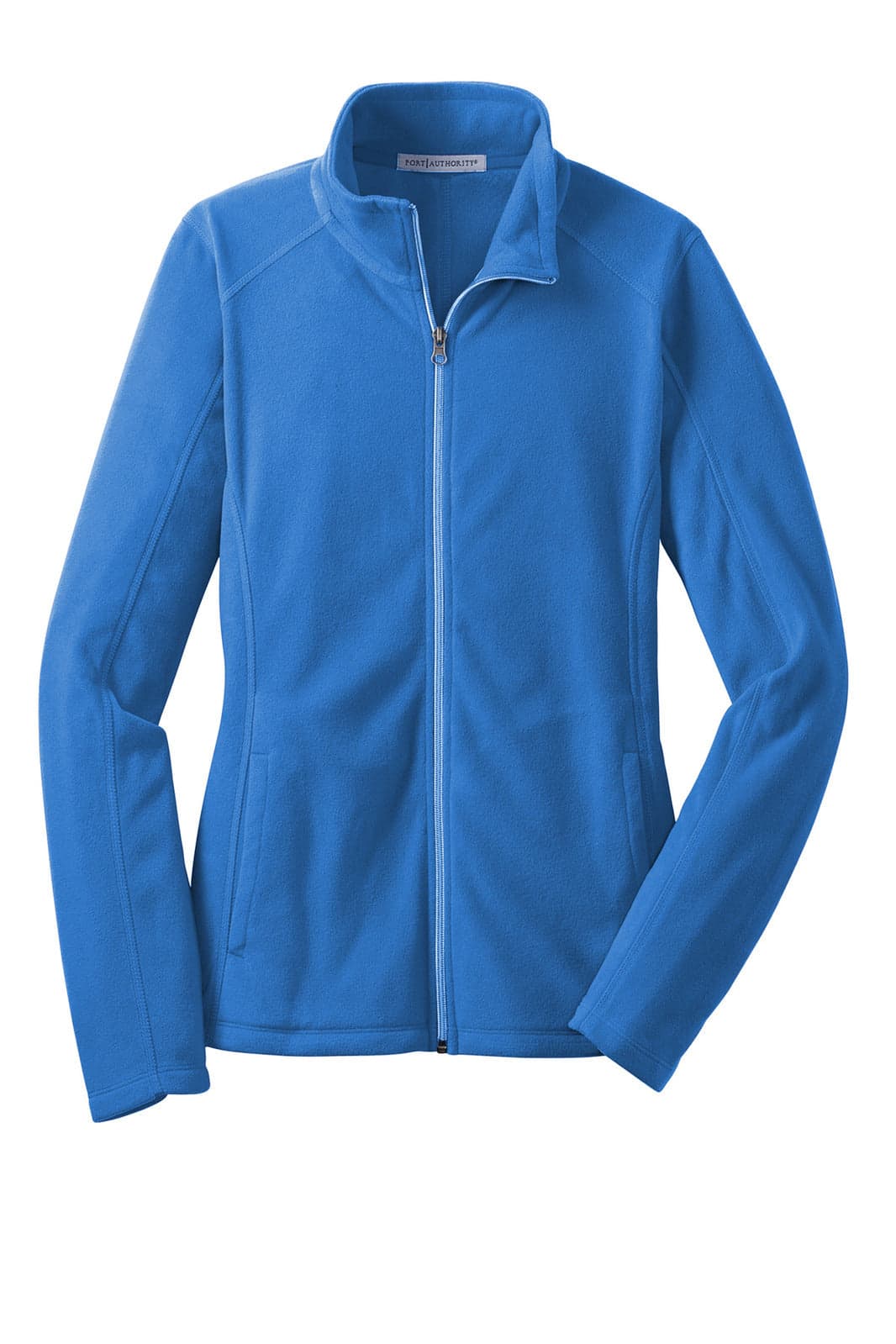 A blue microfleece jacket with a zippered front and long sleeves, featuring pockets and a logo.