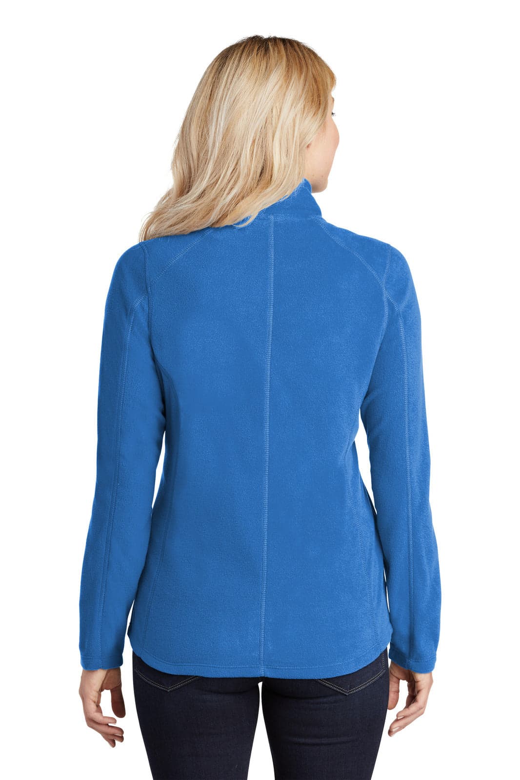 A blue microfleece jacket with a high collar, featuring a logo, shown from the back on a model.