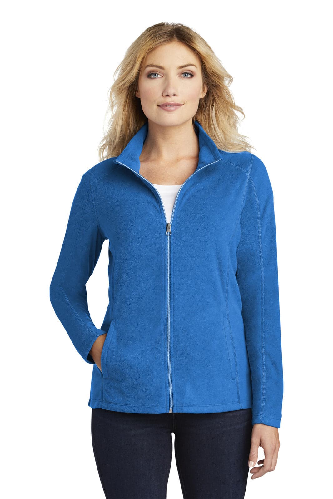 A blue ladies' microfleece jacket with a zipped front and pockets, featuring a logo on the design.