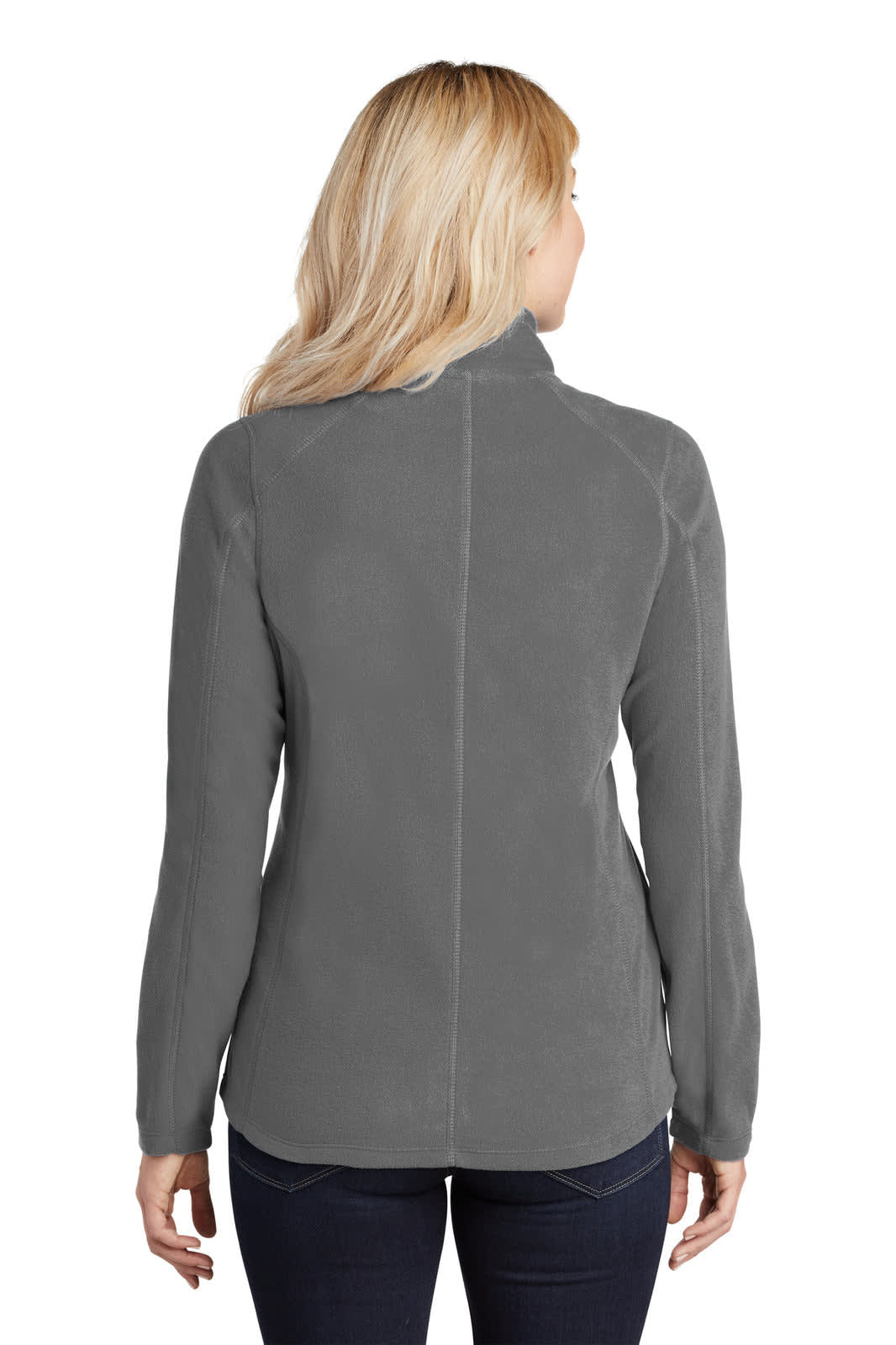 A grey microfleece jacket for women, featuring a high collar and a fitted design. Includes a logo on the garment.