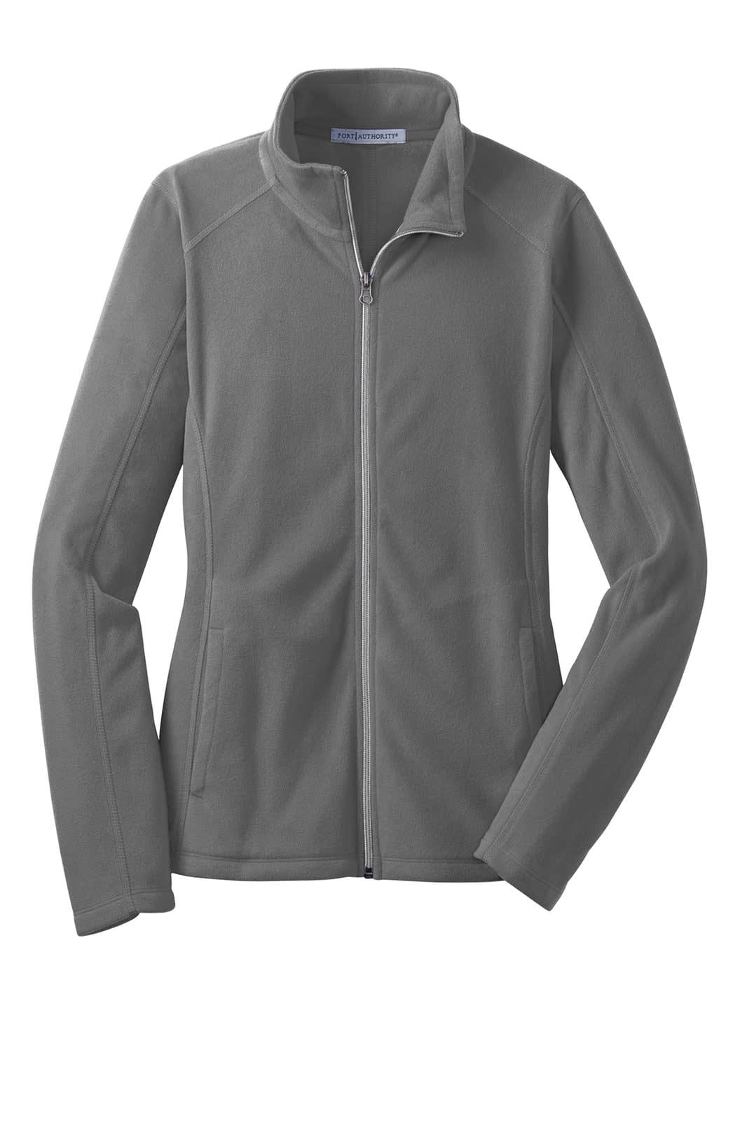 A grey microfleece jacket with a zip front, featuring side pockets and a logo. Ideal for layering.