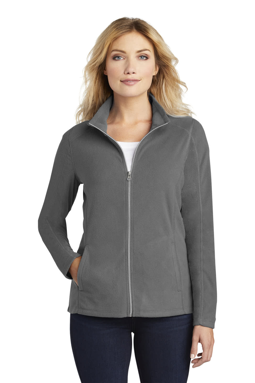 A grey ladies microfleece jacket with a full zip and pockets, featuring a collar.