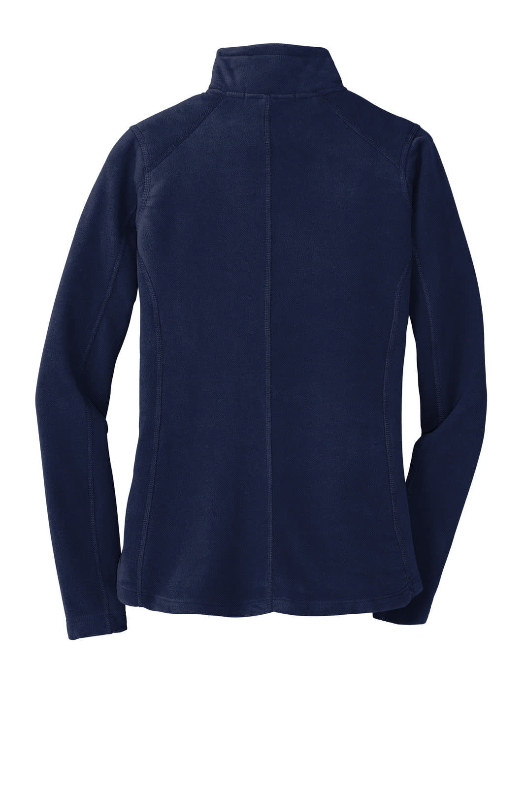 A navy blue ladies microfleece jacket featuring a high collar and a sleek design. It has a logo on the back.