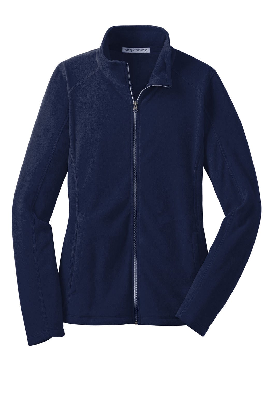 A navy microfleece jacket with a zip front and long sleeves, featuring a subtle branding logo.