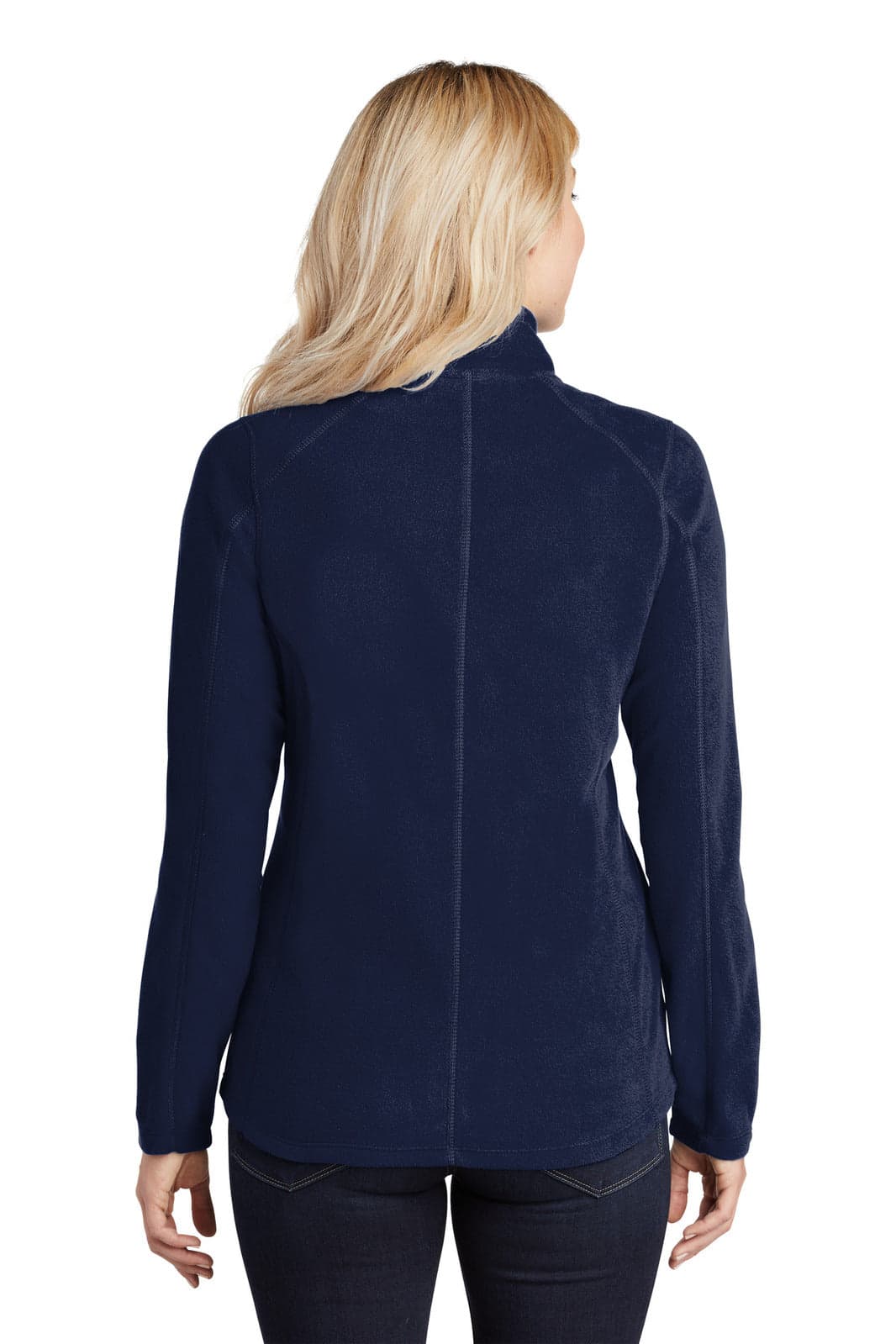 A microfleece jacket in navy, featuring a fitted design and a collar. The back view highlights its soft texture.
