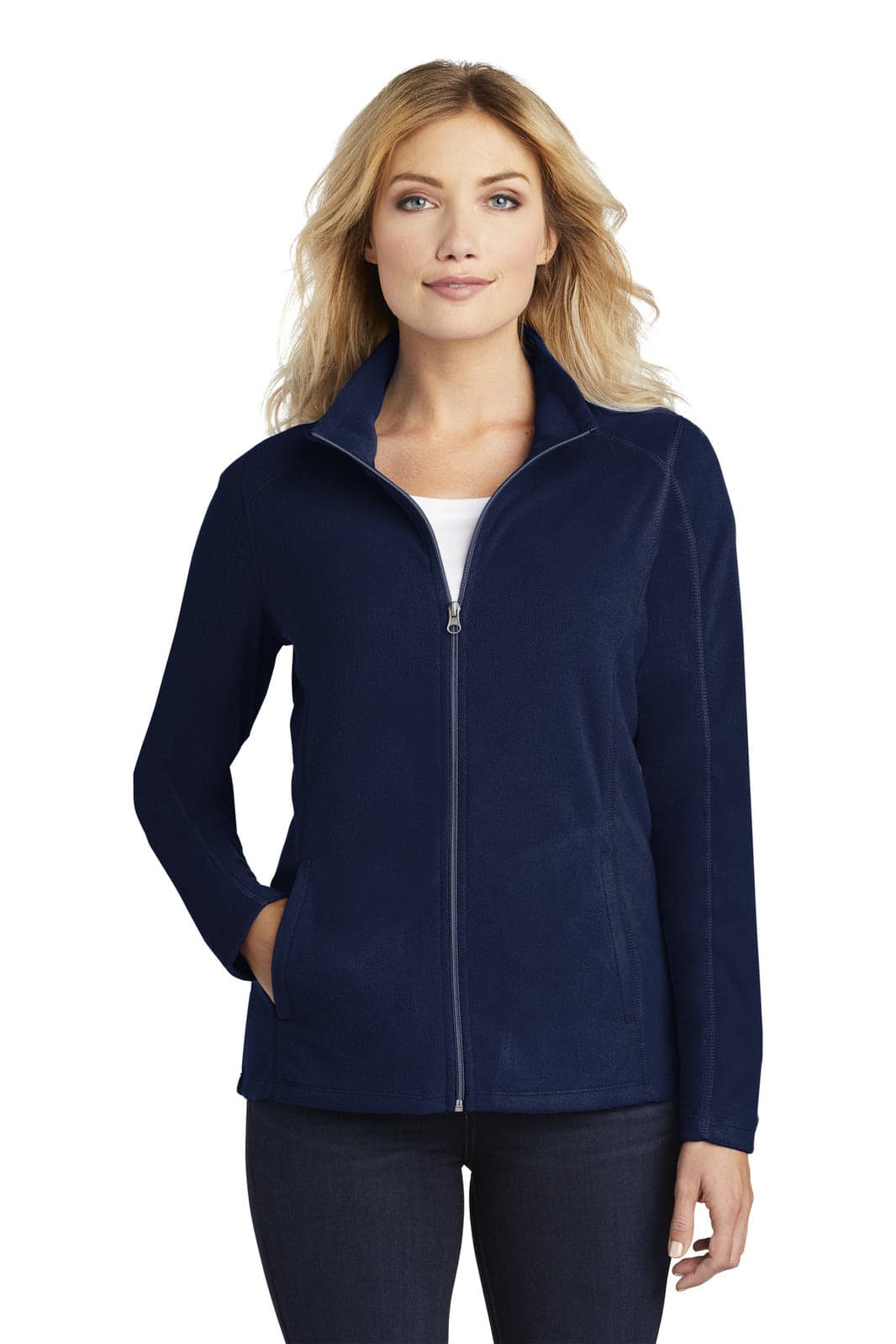 A navy microfleece jacket with a zip front and side pockets, featuring a subtle logo on the chest.