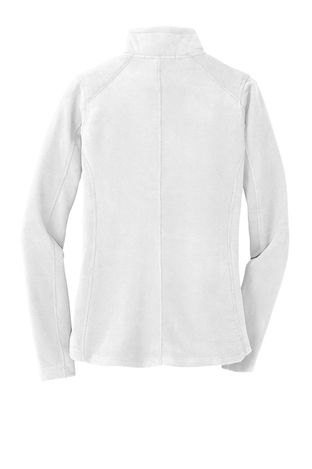 A white microfleece jacket with long sleeves and a high collar, featuring minimal stitching and a logo.