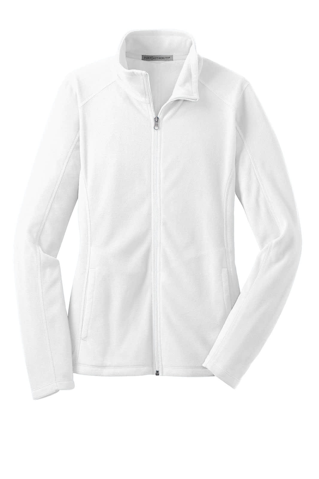 A white microfleece jacket featuring a zip front and side pockets, with a logo on the front.