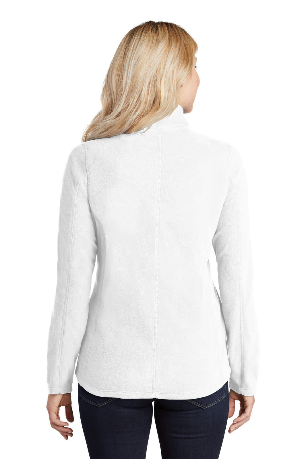 A white microfleece jacket designed for women, featuring a high collar and long sleeves.
