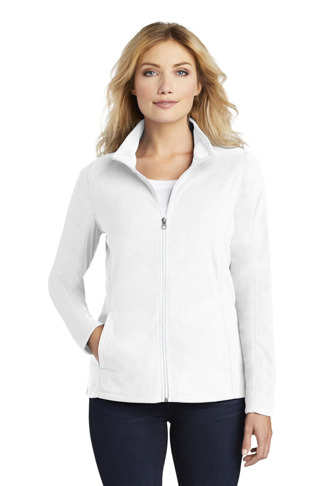 A white microfleece jacket featuring a zip front and side pockets, worn by a model. Includes a logo on the jacket.