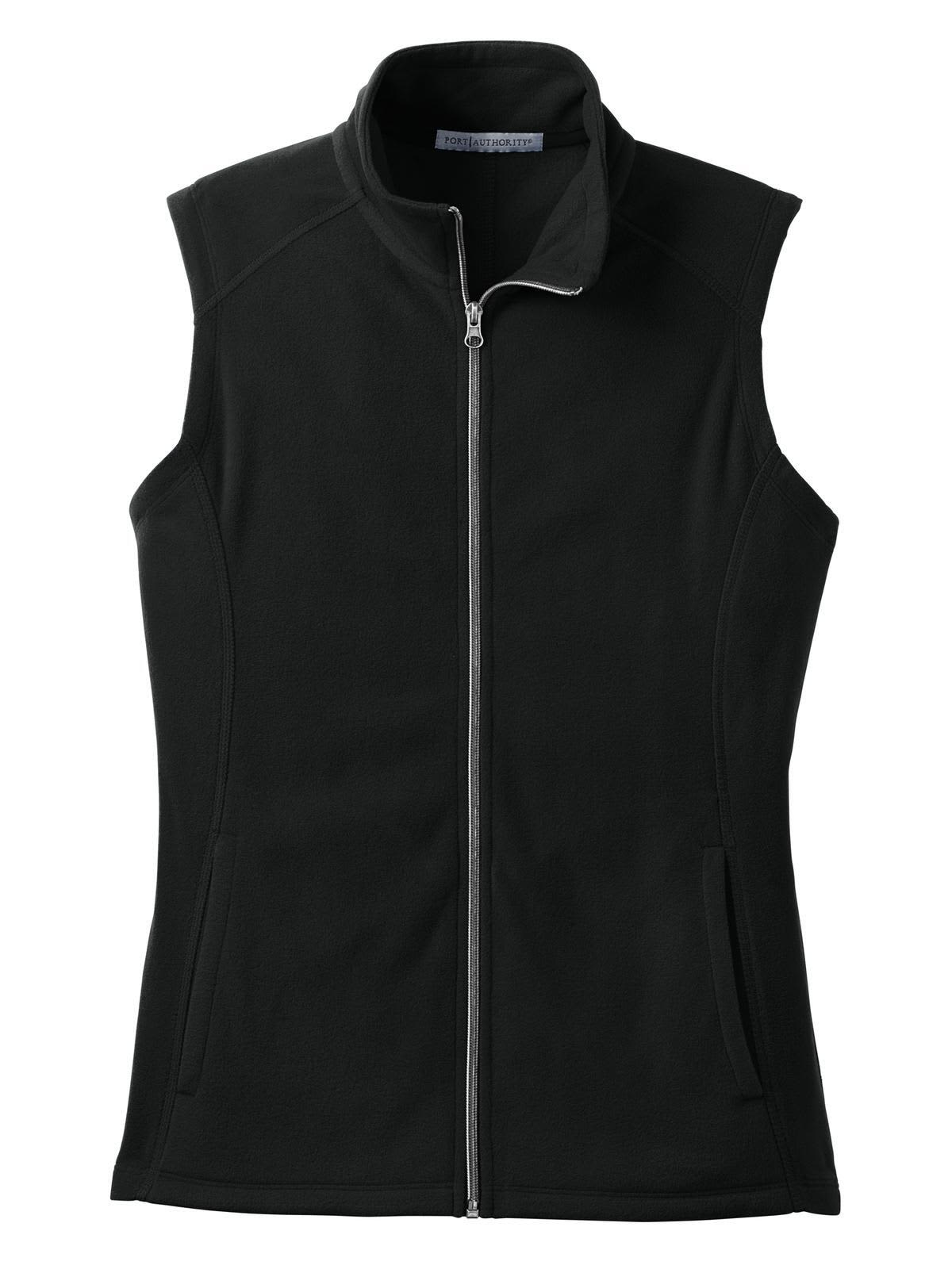 A black microfleece vest with a zip front and two side pockets. It features a collar and has a logo on it.