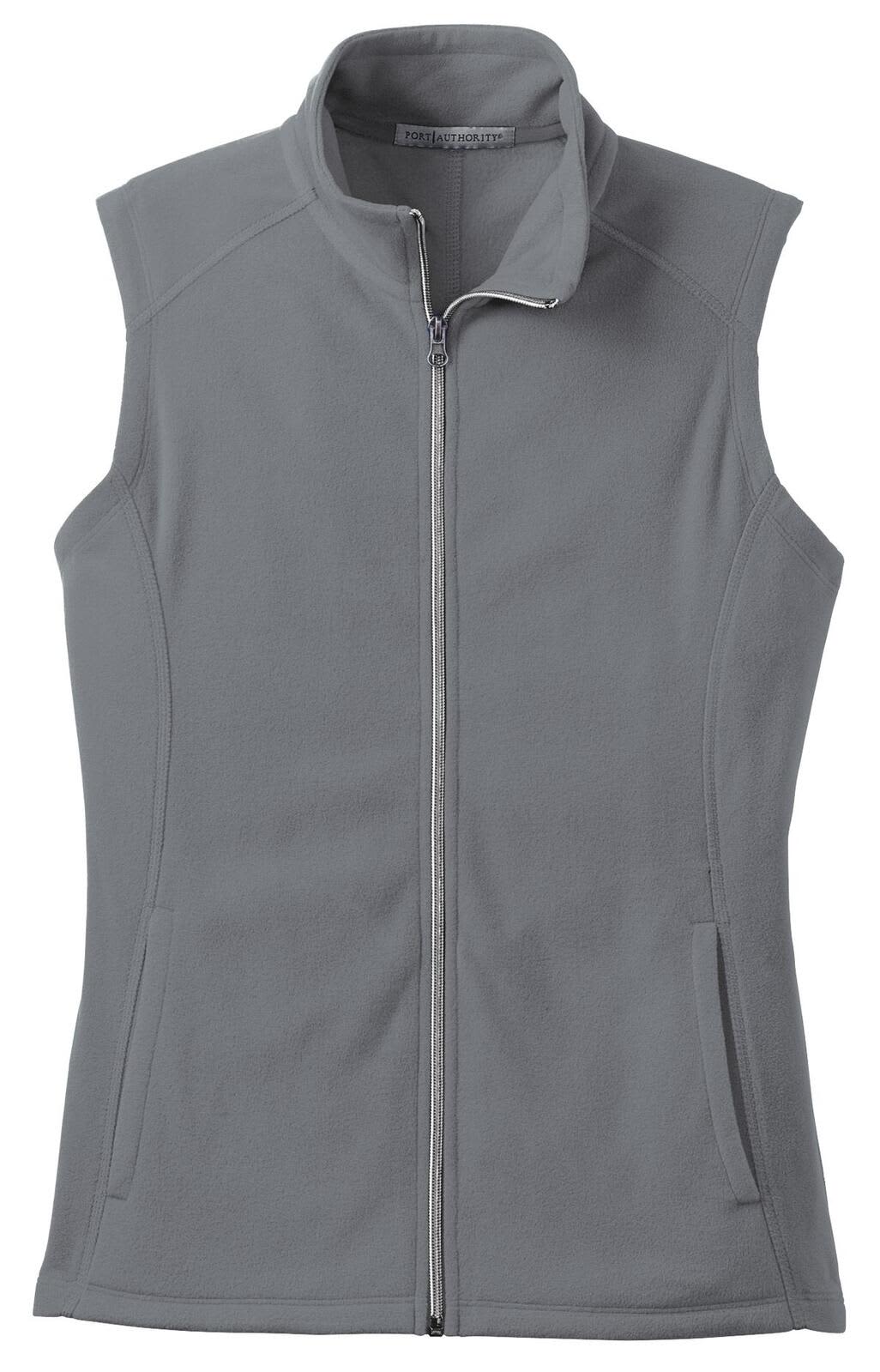 A grey ladies microfleece vest with a zip front, side pockets, and a collar. It features a branding logo.
