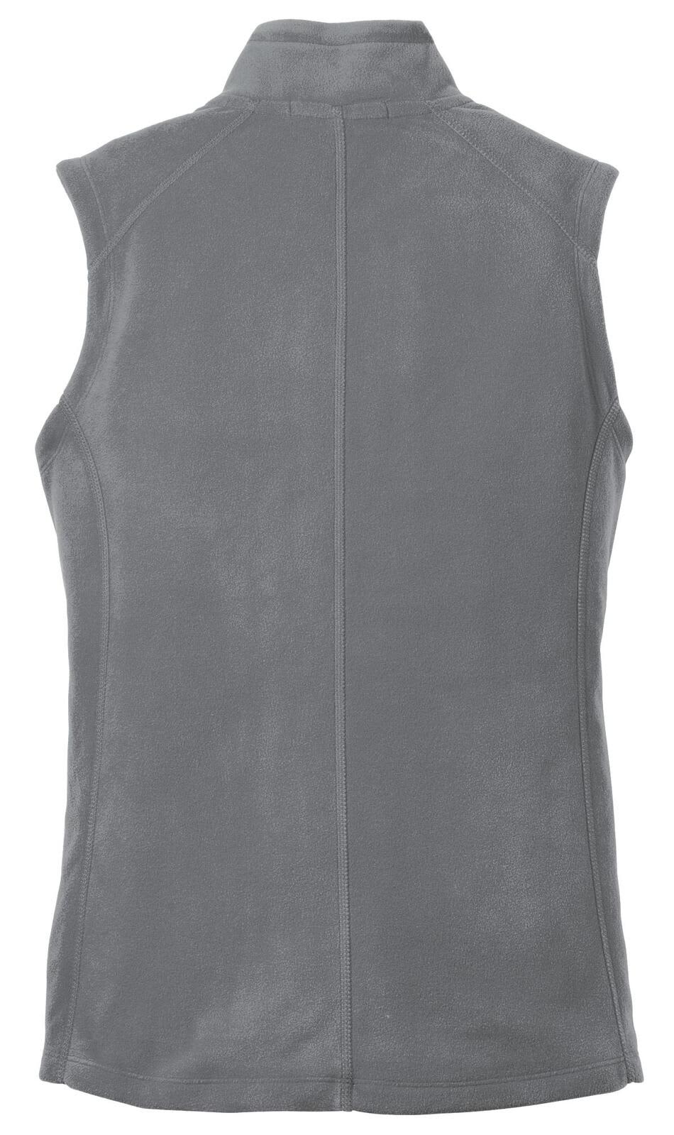 A grey microfleece vest with no sleeves, featuring a high collar and a simple design, including a logo.