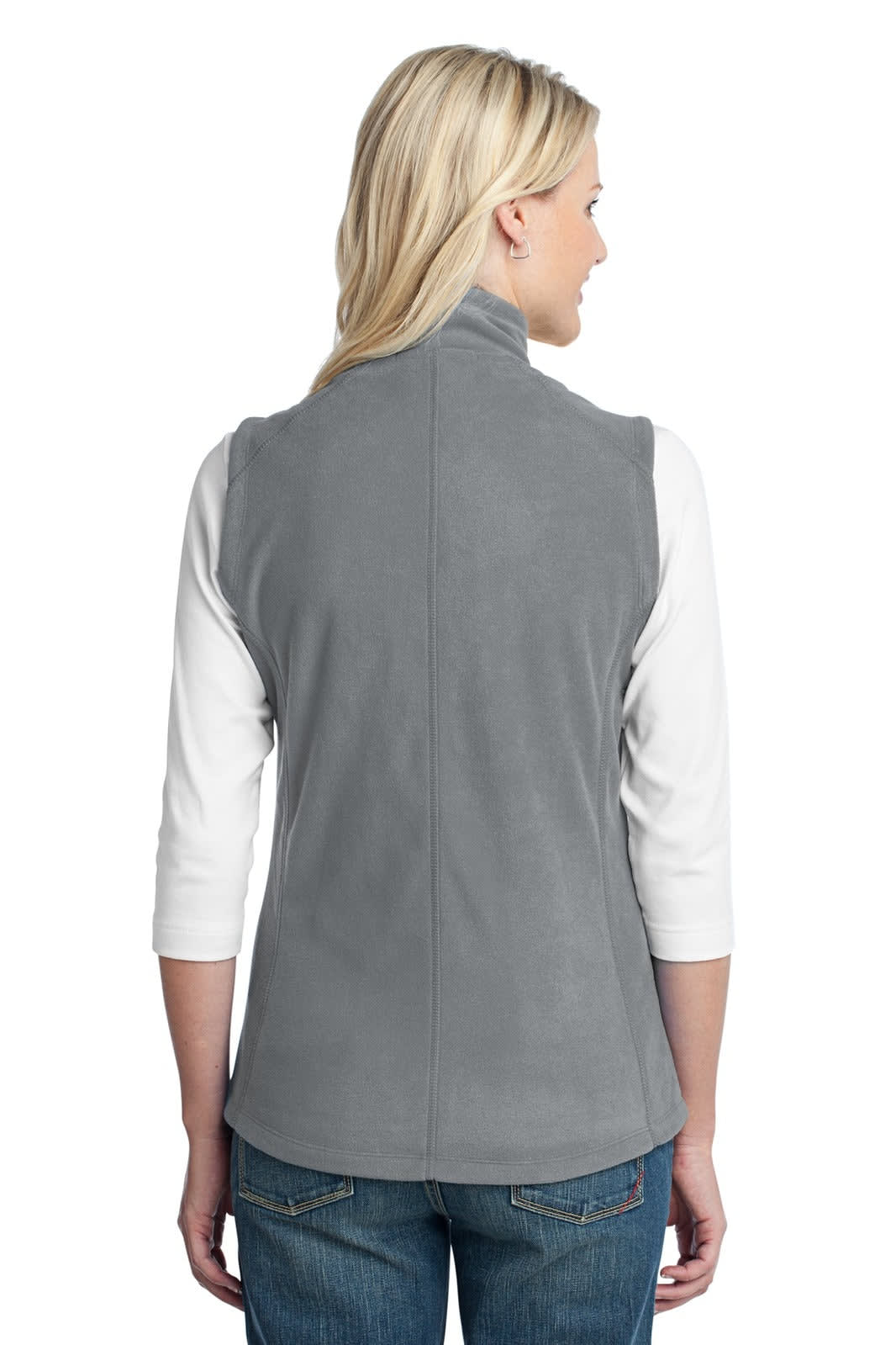 A grey microfleece vest featuring a high collar and a logo, viewed from the back.