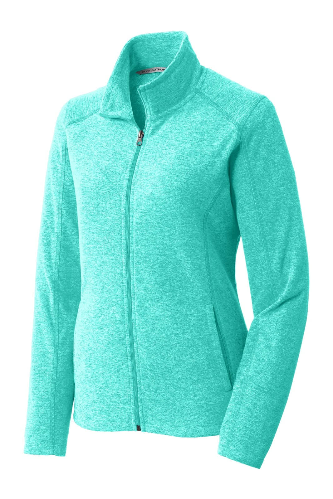 A teal microfleece full-zip jacket featuring long sleeves and a stand-up collar, with side pockets and a branding logo.
