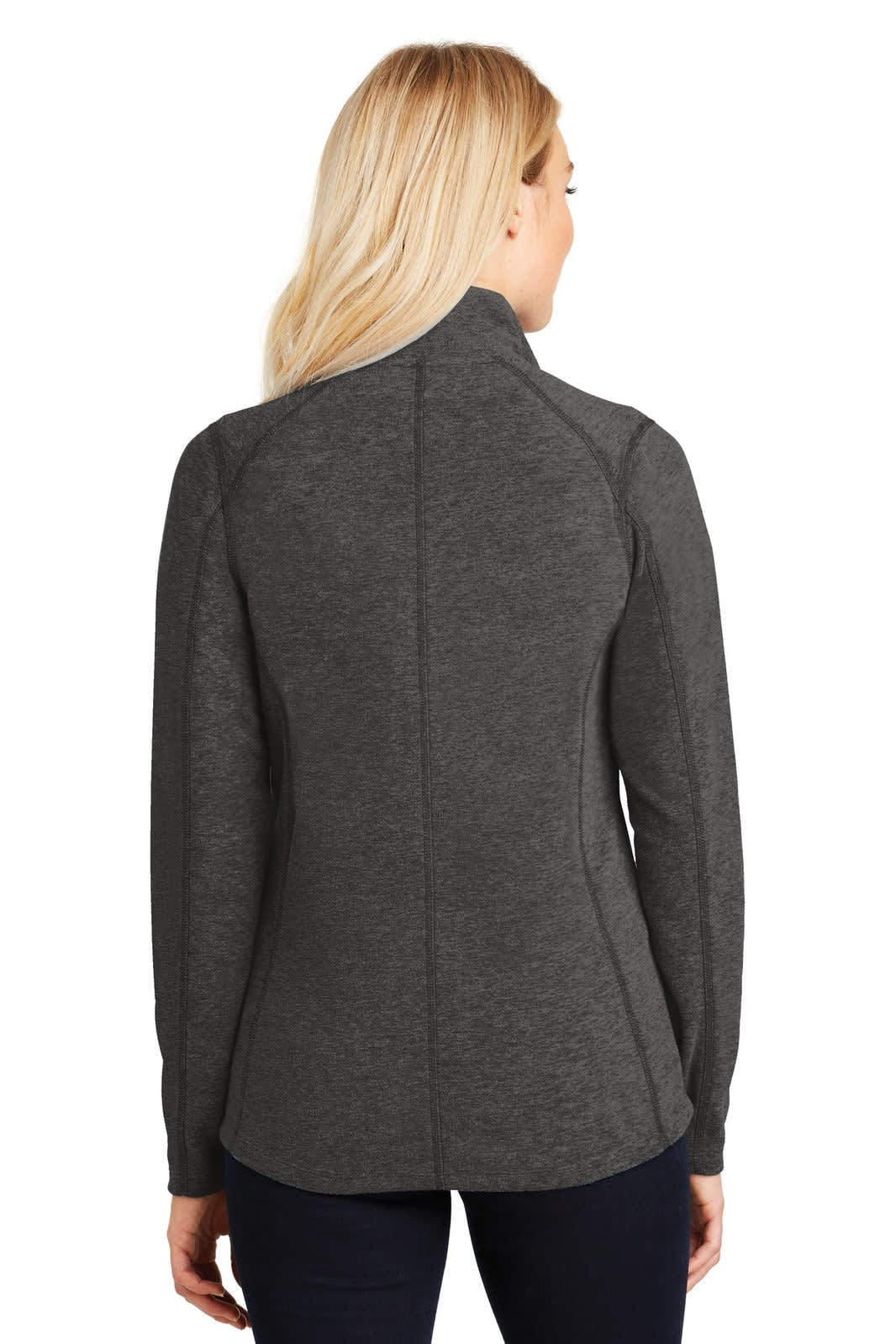 A grey microfleece full-zip jacket for women, featuring a fitted design and a high collar.