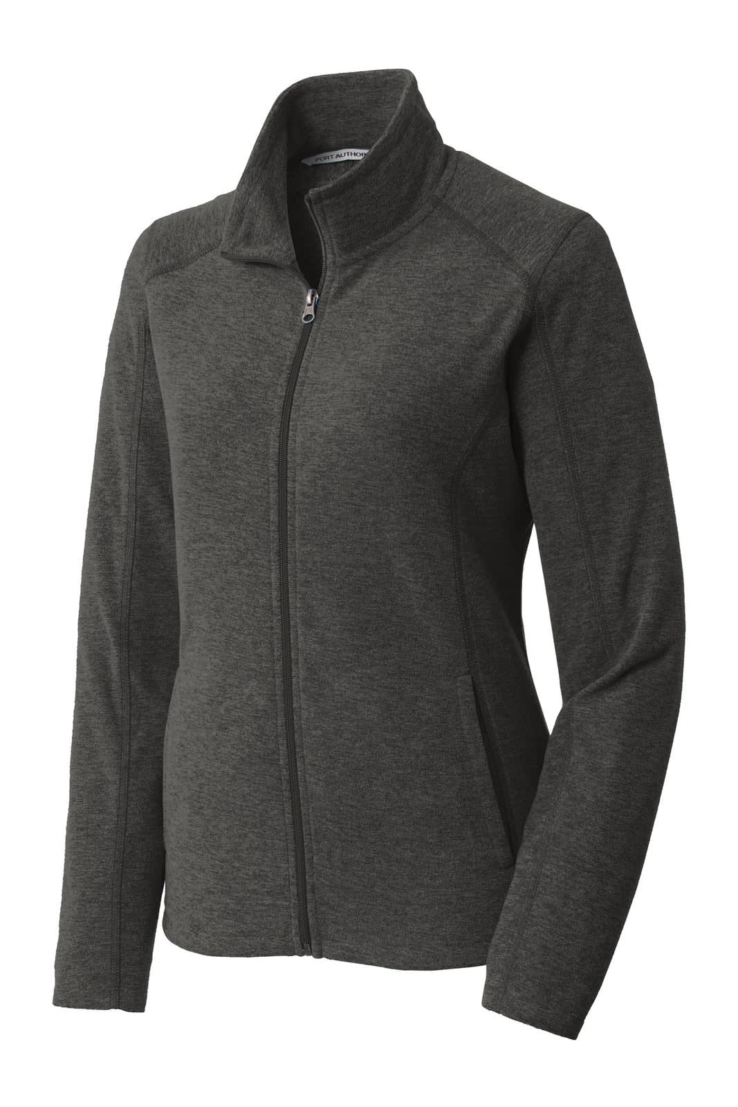 A women's full-zip jacket in a heather grey colour, featuring a zip closure and a collar. Includes a logo.
