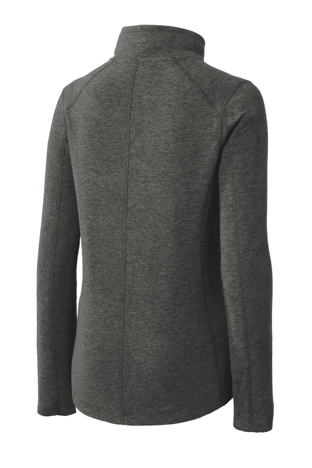 A grey full-zip jacket with a high collar and long sleeves, featuring a logo on the back.