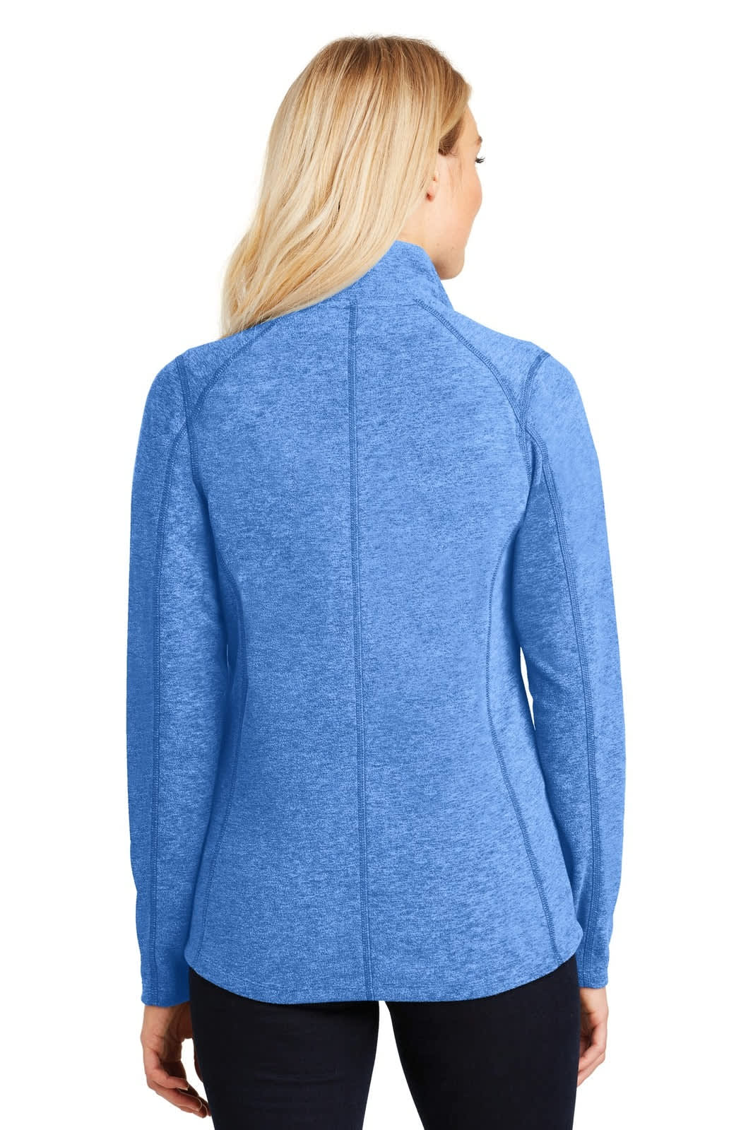 A blue microfleece full-zip jacket for ladies, featuring a high collar and a fitted design at the back.