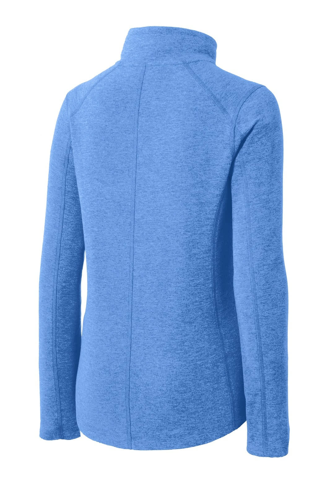 A ladies heather microfleece full-zip jacket in blue, featuring a high collar and long sleeves. It has a logo.