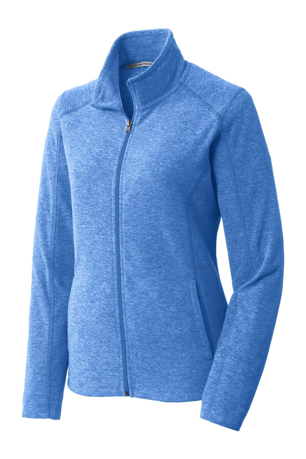A blue microfleece full-zip jacket with a collar, long sleeves, and two side pockets. It features a logo on the chest.