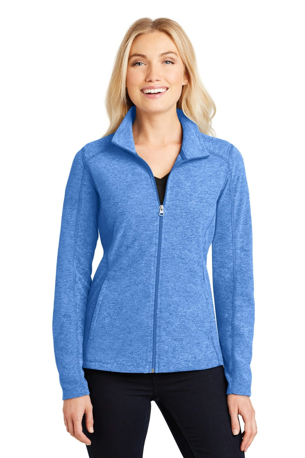 A full-zip jacket in heather blue, featuring a collar and a fitted design, worn by a model.