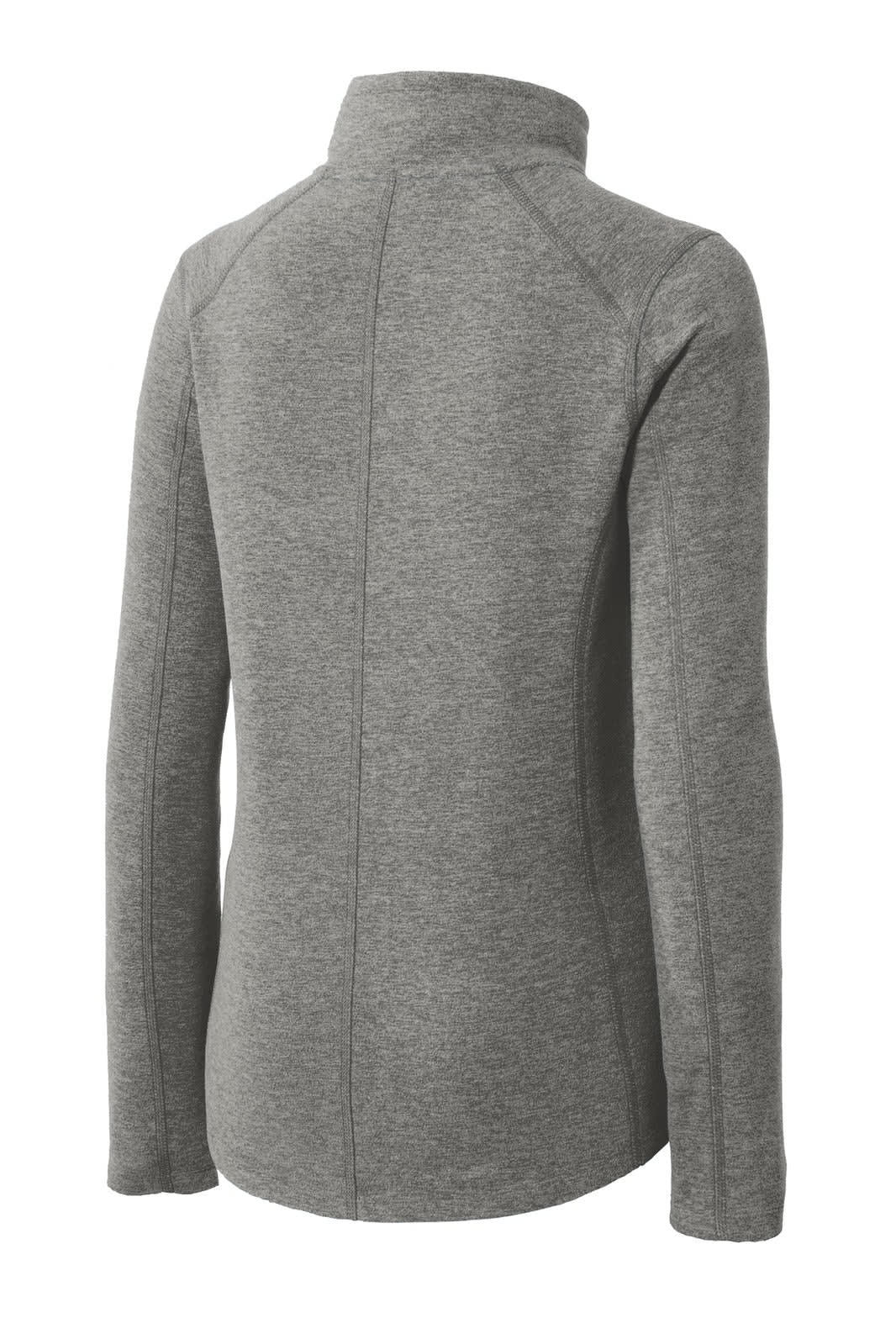 A grey full-zip jacket with a high collar and raglan sleeves, featuring a logo on the back.