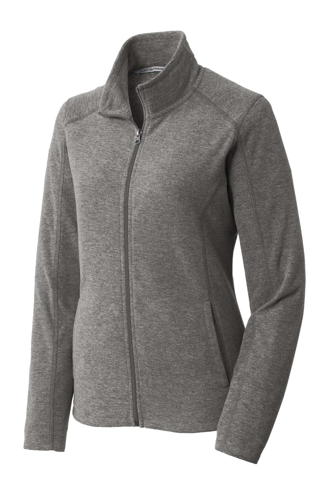 A women's full-zip jacket in heather grey with a smooth finish and two side pockets. Features a collar and branding.