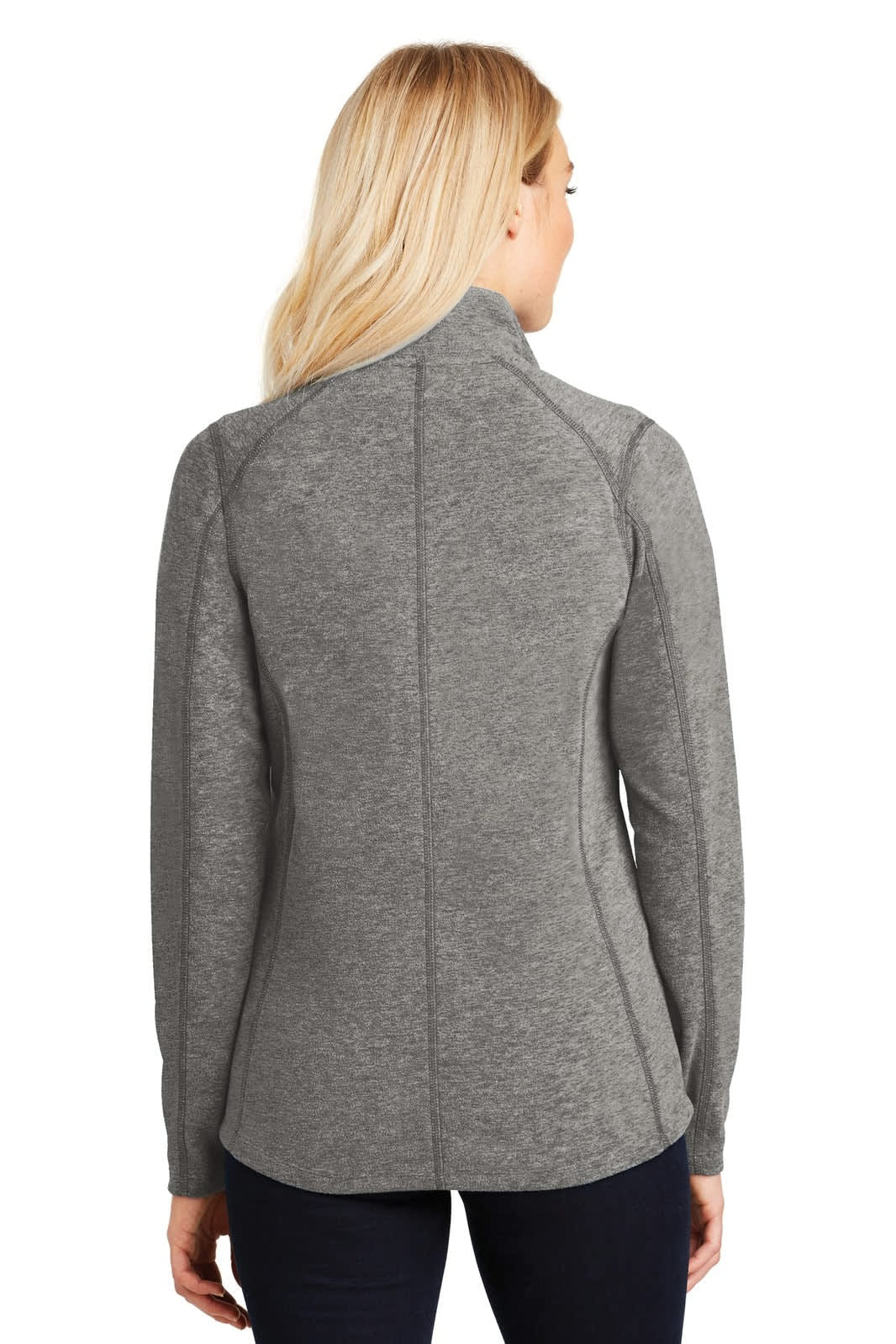 A grey full-zip jacket with a fitted design and a high collar, featuring a logo on the back.