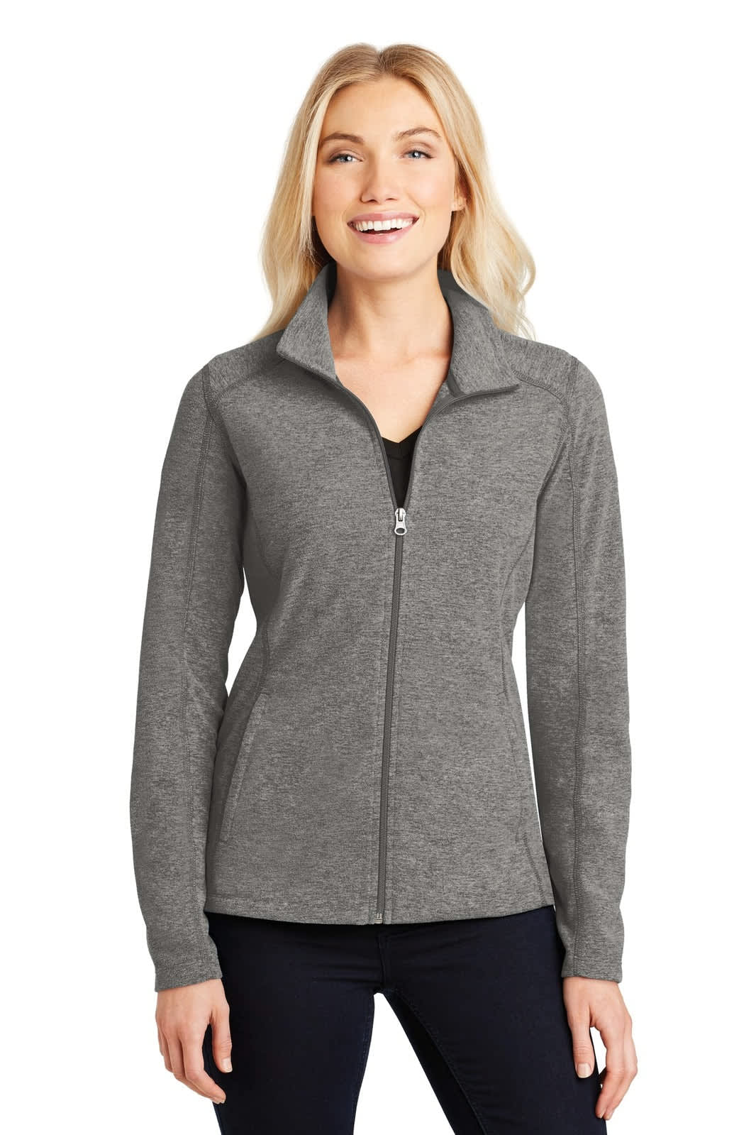 A heather grey ladies' full-zip microfleece jacket with a collar and branding on the left side.