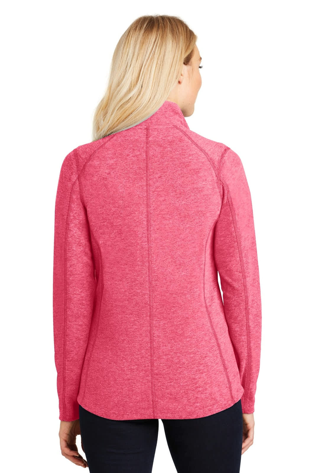 A pink heathered microfleece full-zip jacket for women, featuring a high collar and fitted design, with a logo at the back.
