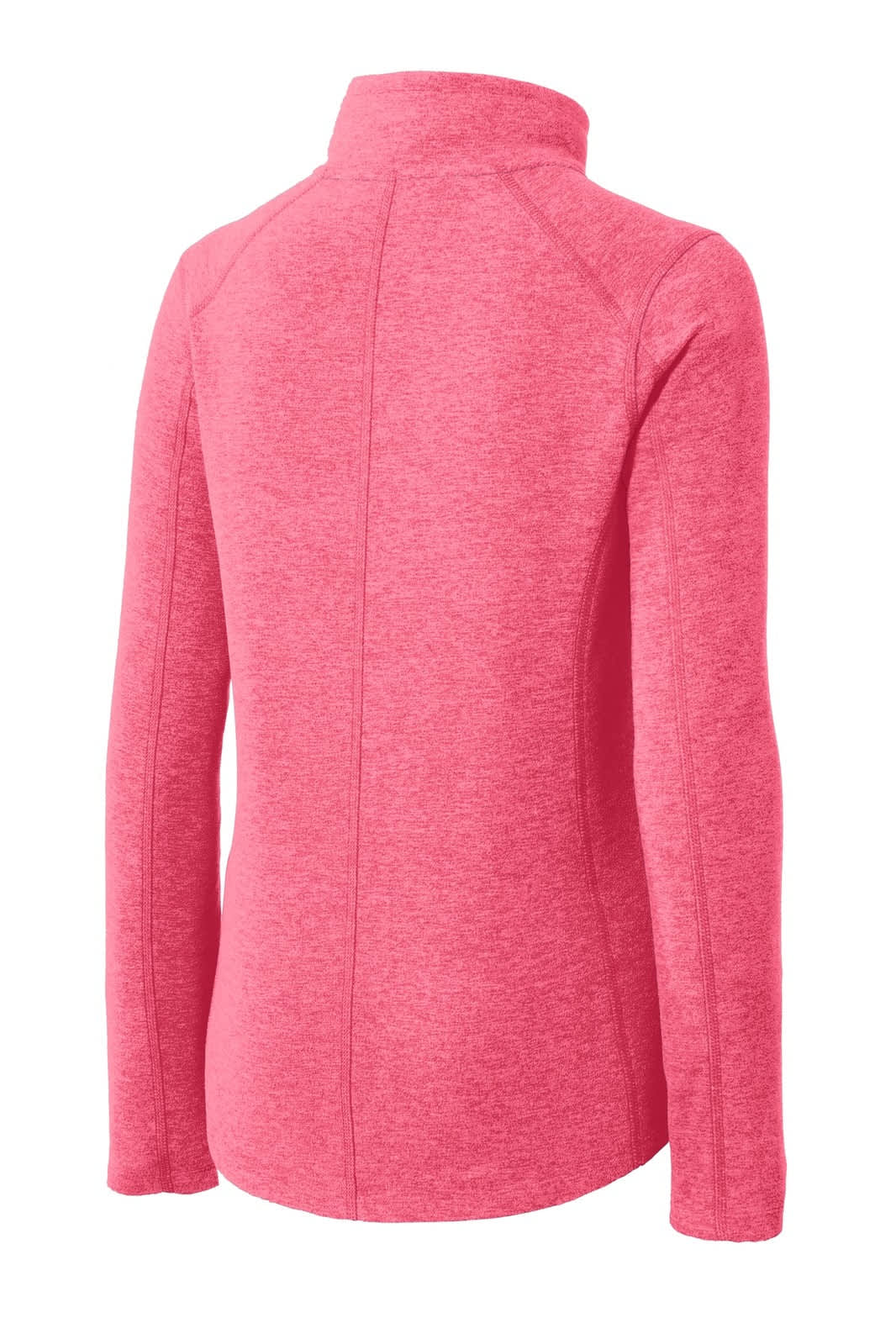 A full-zip jacket in heather pink, featuring a high collar and long sleeves. The back showcases a sleek design and logo.