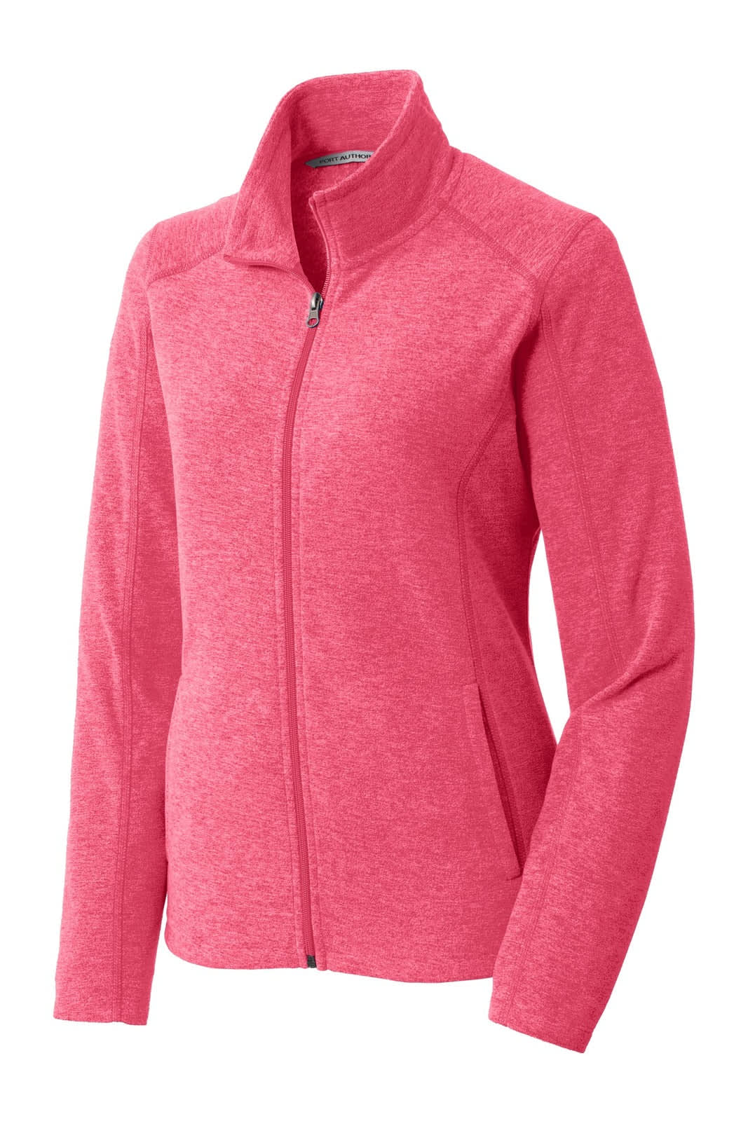 A pink full-zip microfleece jacket with a collared neck and two side pockets, featuring a logo.