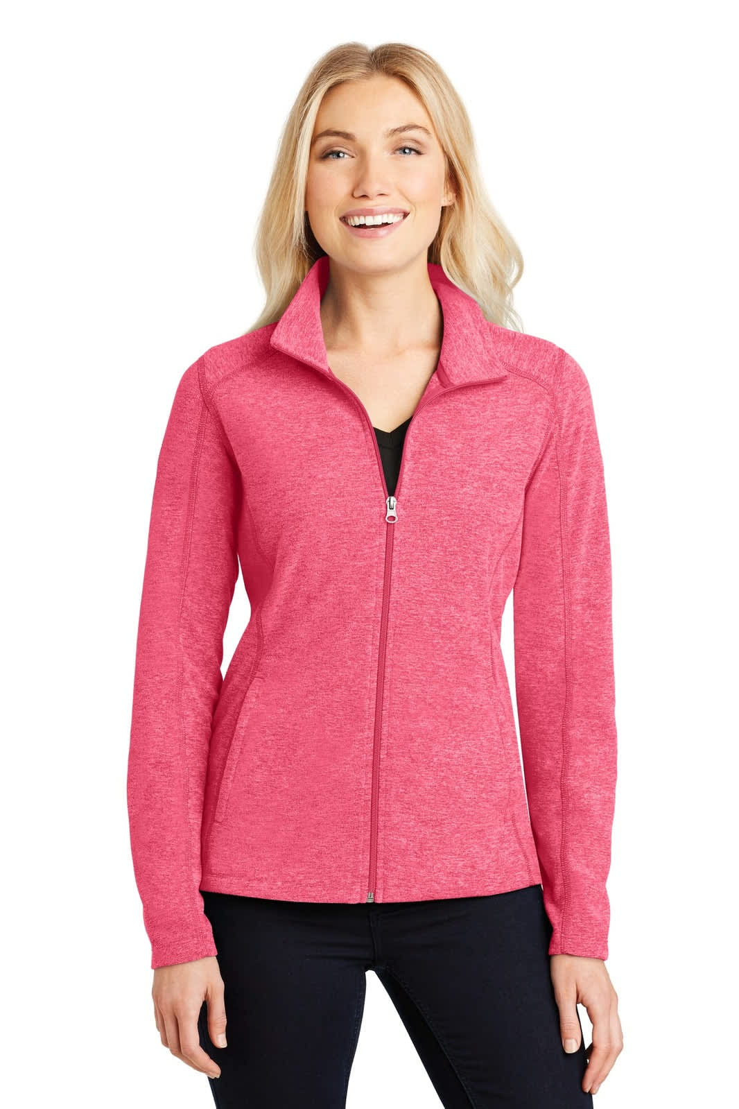 A pink microfleece full-zip jacket with a high collar and a fitted design, featuring a logo.