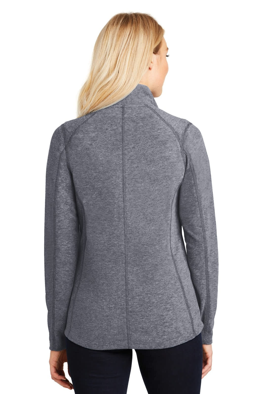 A grey microfleece full-zip jacket for women, featuring a fitted design and a back view. It includes a logo.