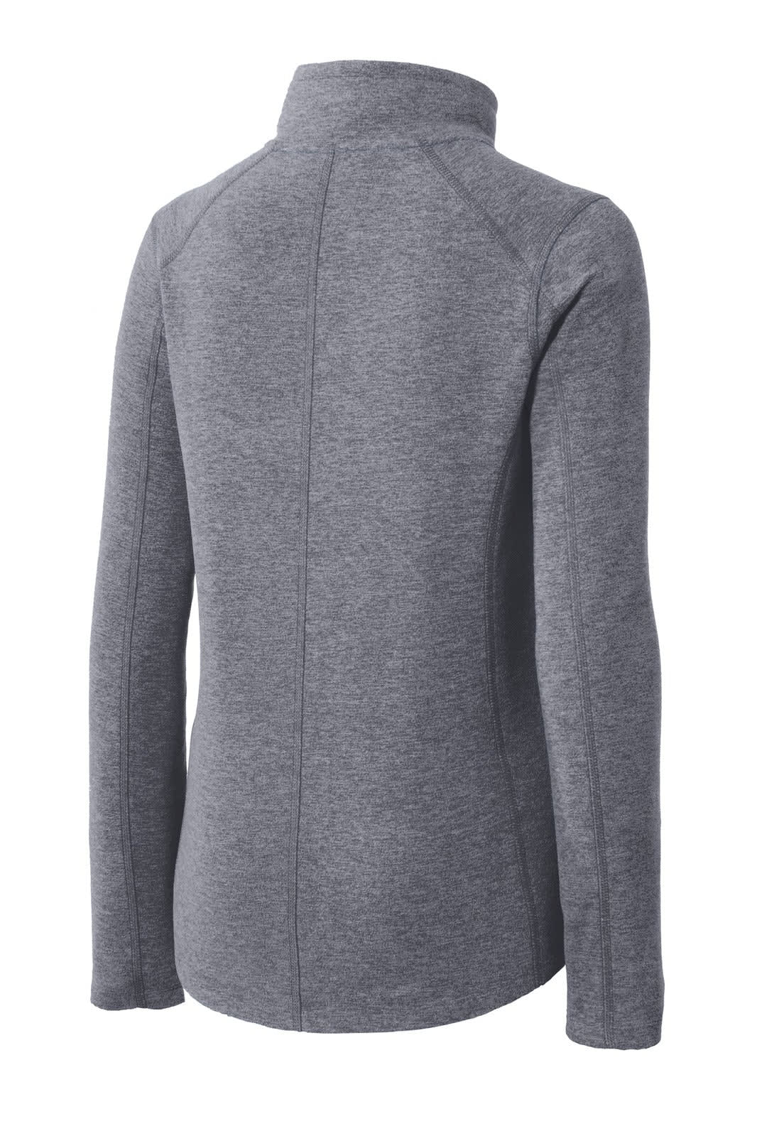 A grey heather full-zip jacket with long sleeves, featuring a collar and a logo on the back.