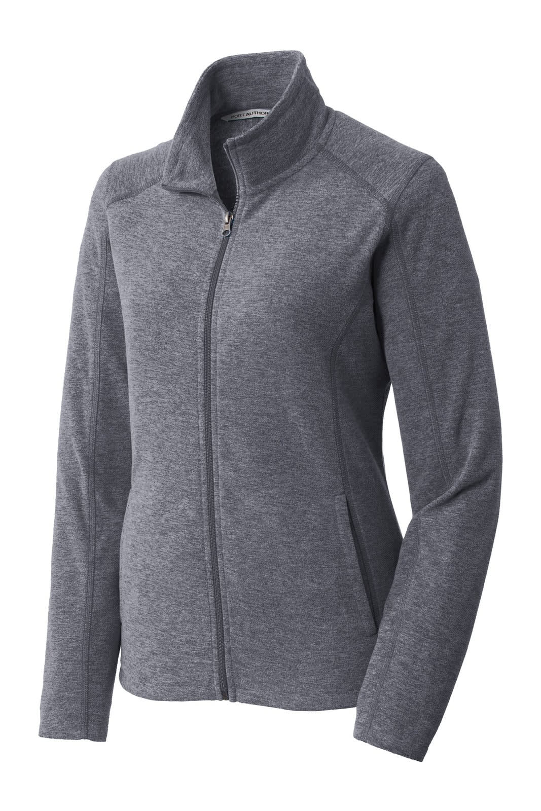 A grey ladies' full-zip microfleece jacket featuring a collar and side pockets, with a logo on the front.