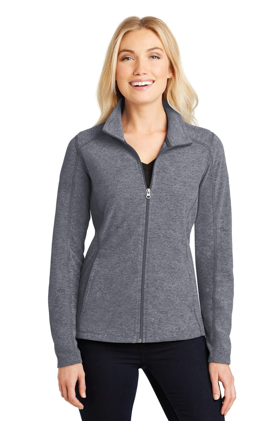 A ladies' full-zip jacket in heather grey, featuring a high collar and long sleeves. It includes a logo.