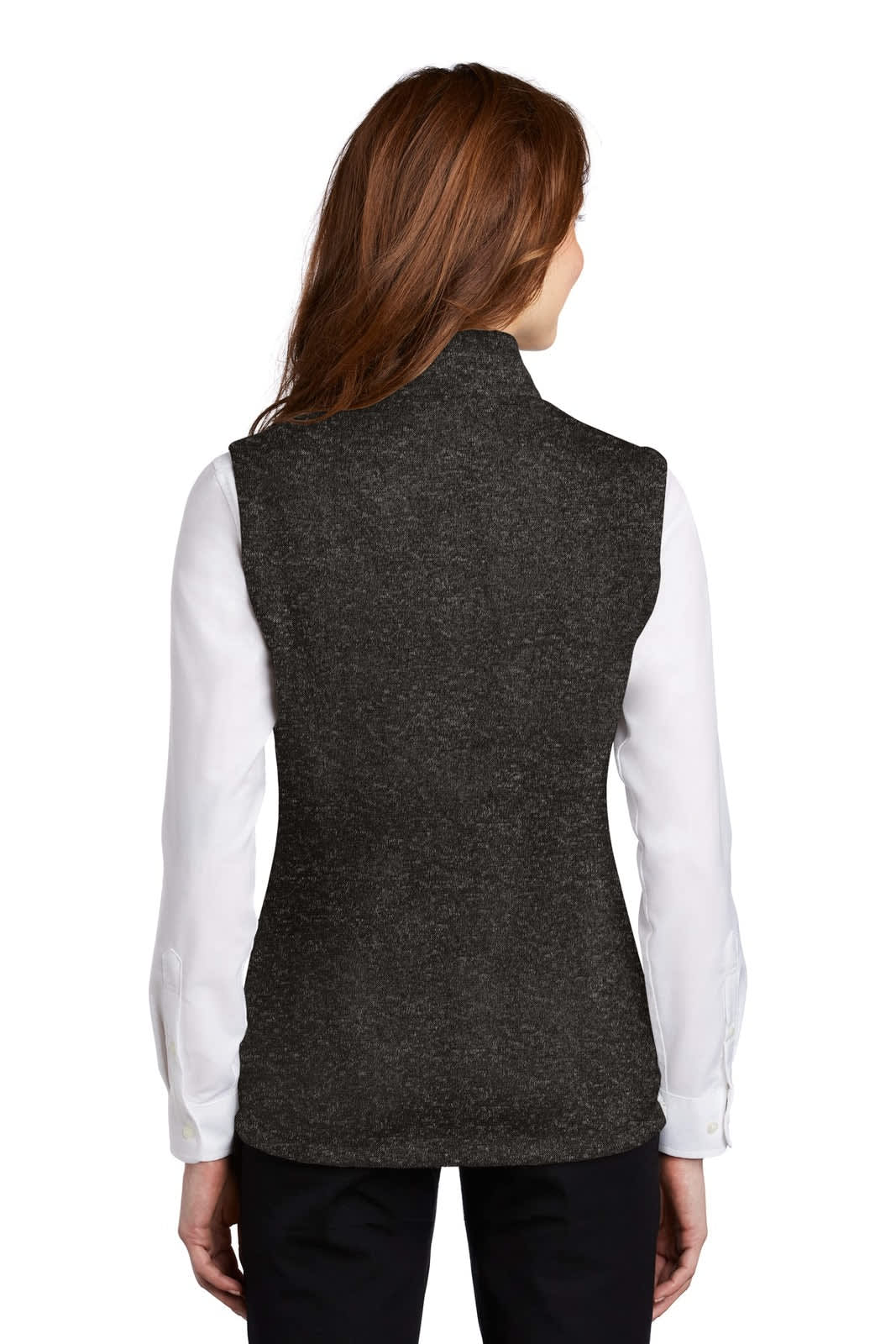 A grey ladies' sweater fleece vest with a high collar, showing the back view. Features a logo on the upper part.