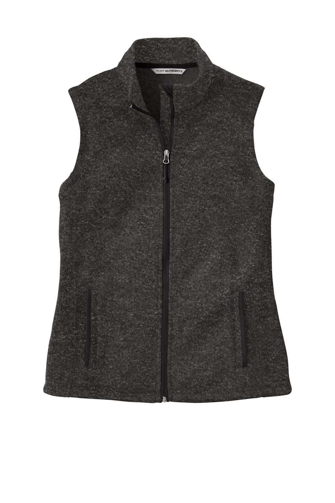 A grey ladies’ sweater fleece vest featuring a full zip and two front pockets. Includes a logo.
