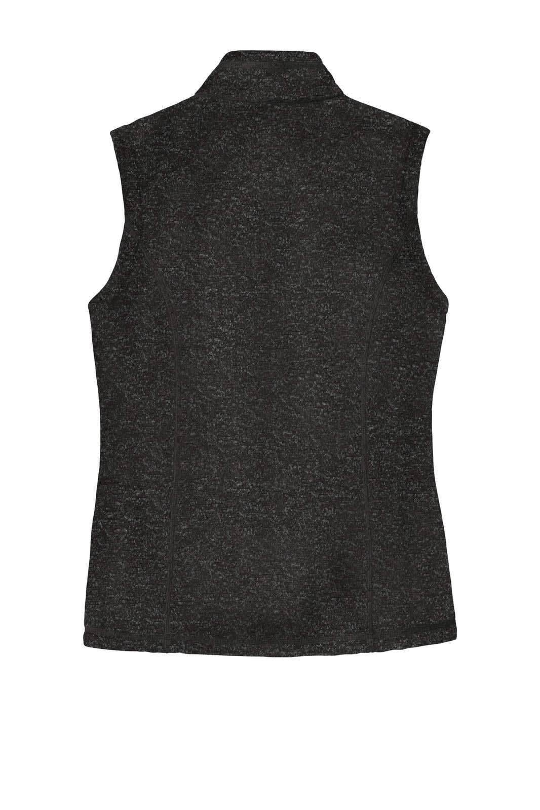 A dark grey ladies' sweater fleece vest with a high collar, featuring a logo on the back.